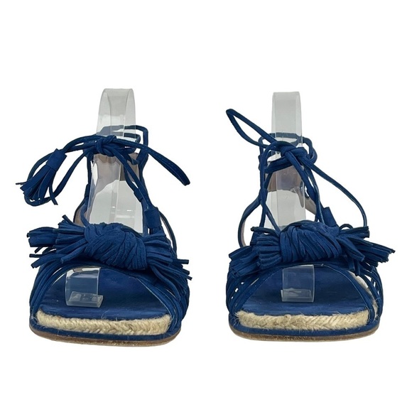 STUART WEITZMAN FLOWERPOT BLUE SANDALS FRINGE KNOT ESPADRILLE ANKLE WRAP SANDALS - Picture 3 of 12